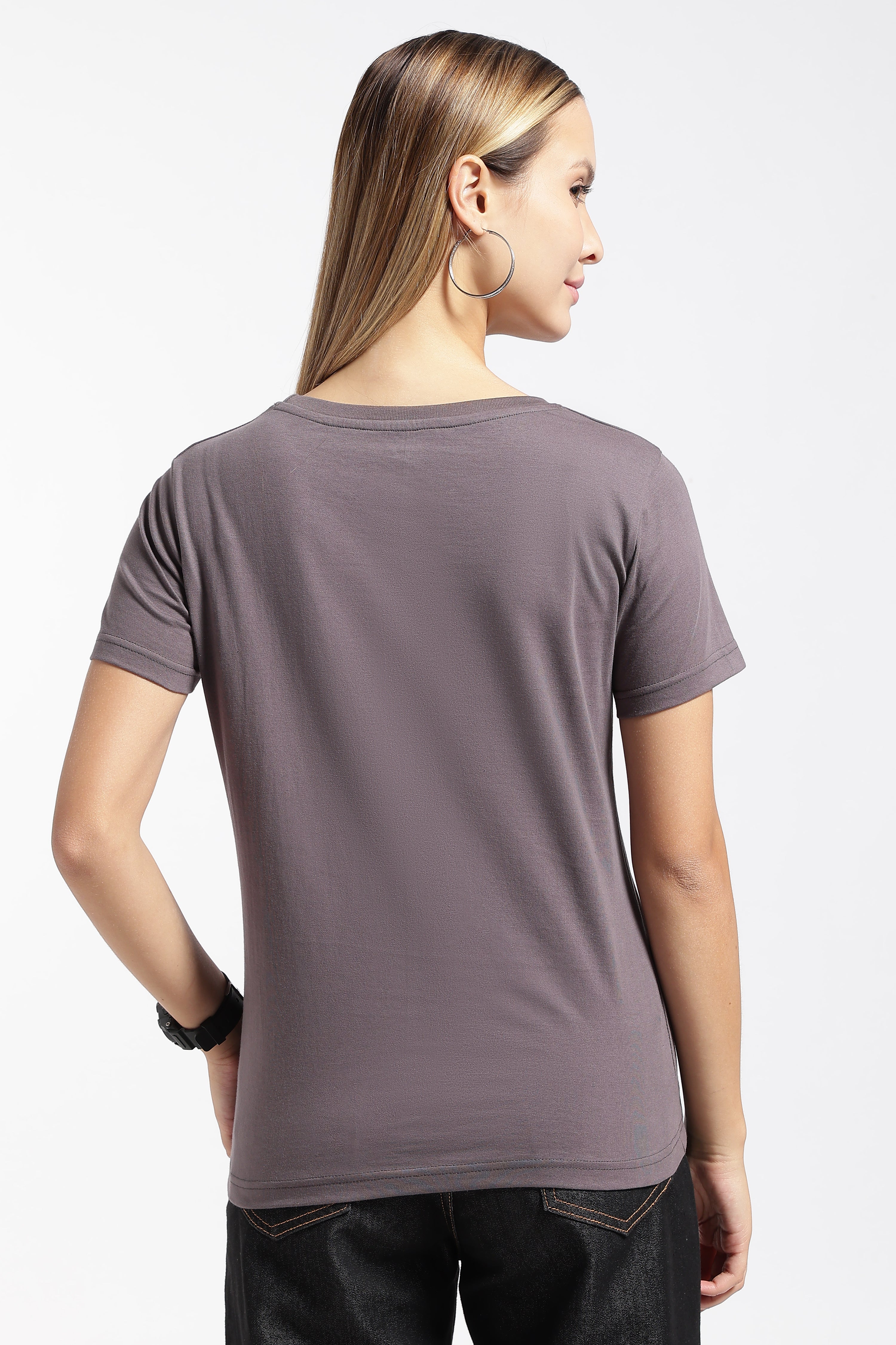 Womens Regular Fit Cotton Printed Tshirt - POSITIVE- CHARCOAL
