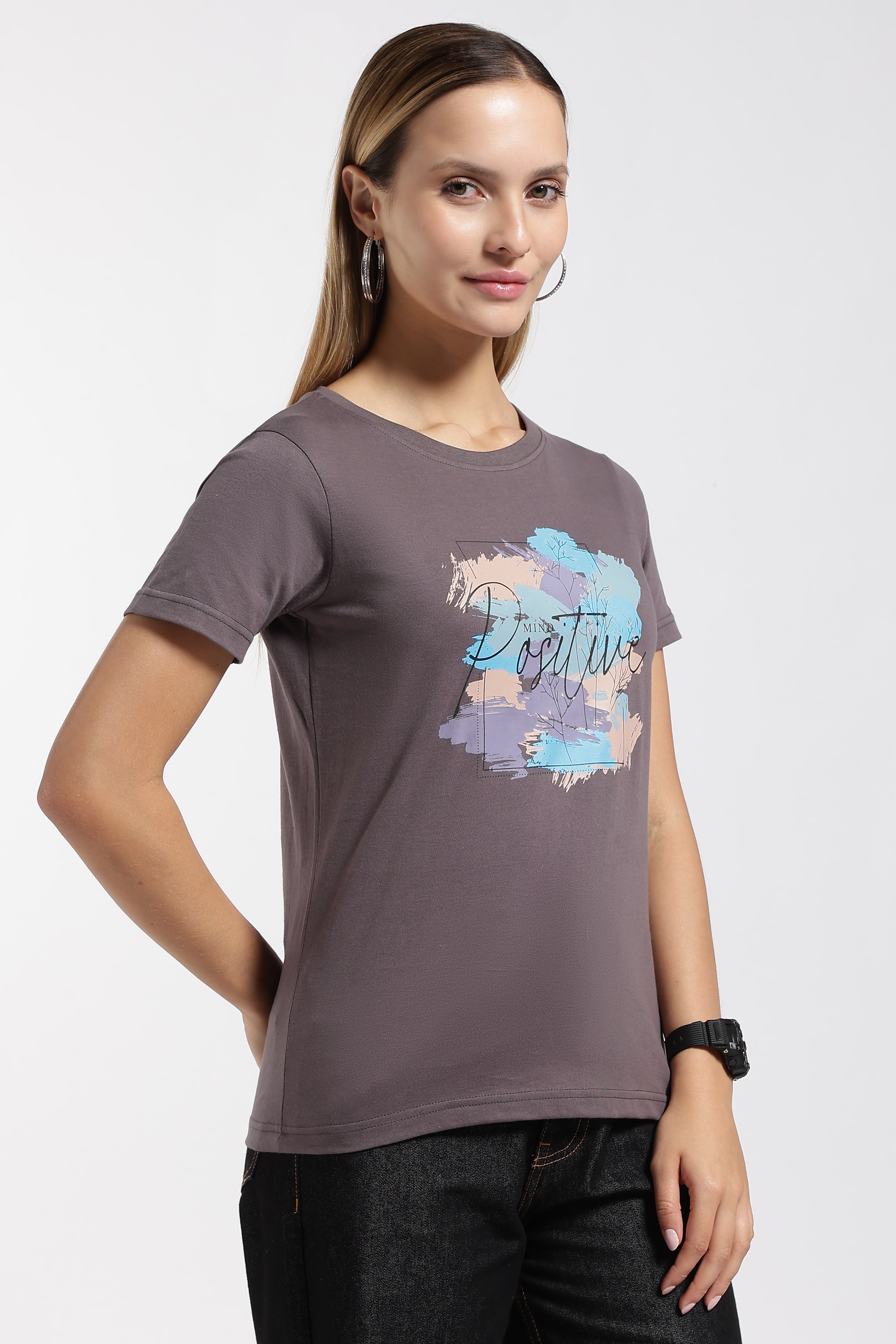 Womens Regular Fit Cotton Printed Tshirt - POSITIVE- CHARCOAL