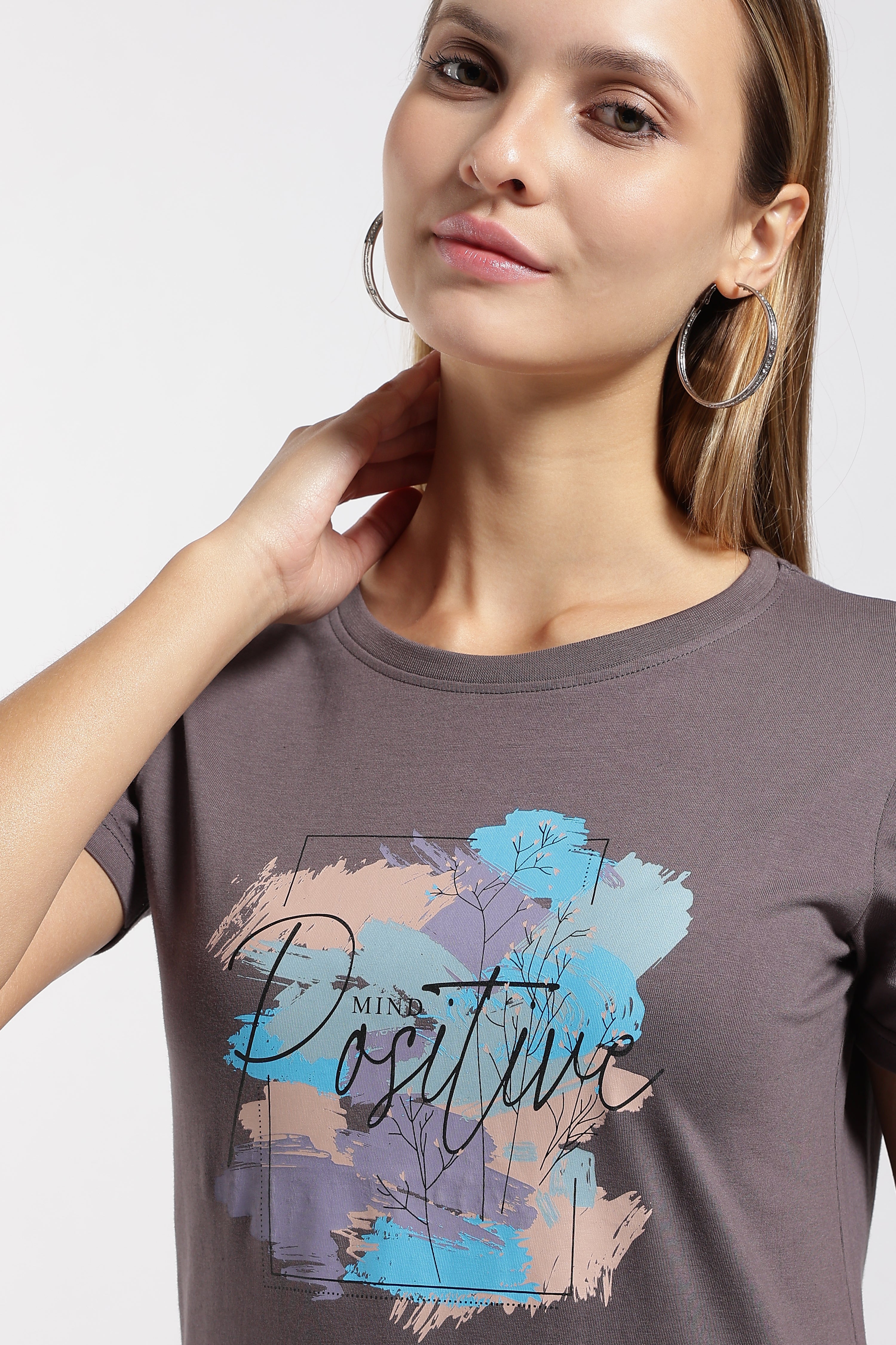 Womens Regular Fit Cotton Printed Tshirt - POSITIVE- CHARCOAL
