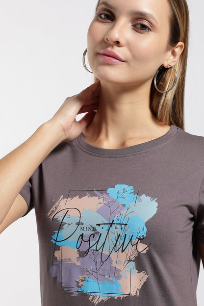 Womens Regular Fit Cotton Printed Tshirt - POSITIVE- CHARCOAL