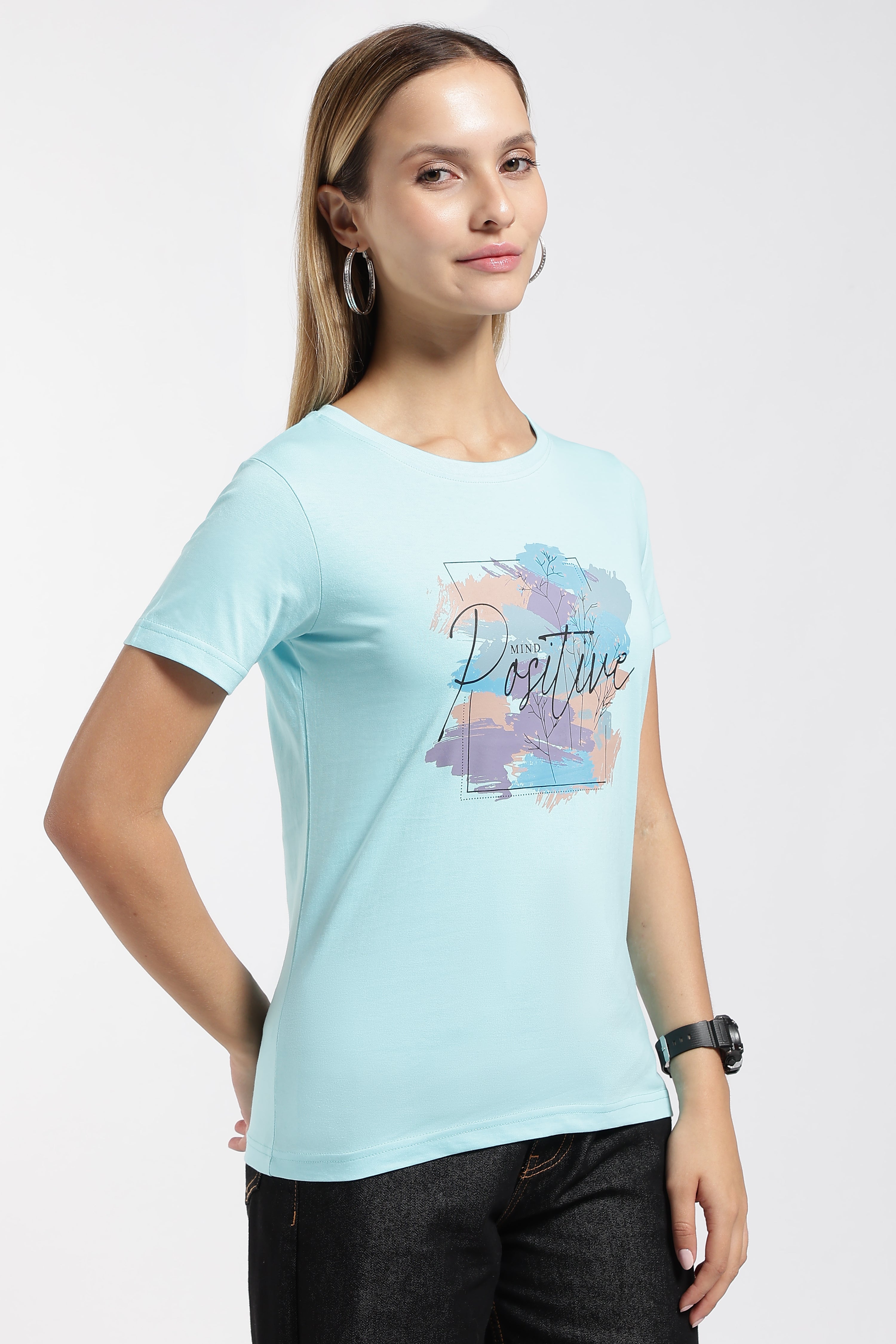 Womens Regular Fit Cotton Printed Tshirt - POSITIVE- ICE BLUE
