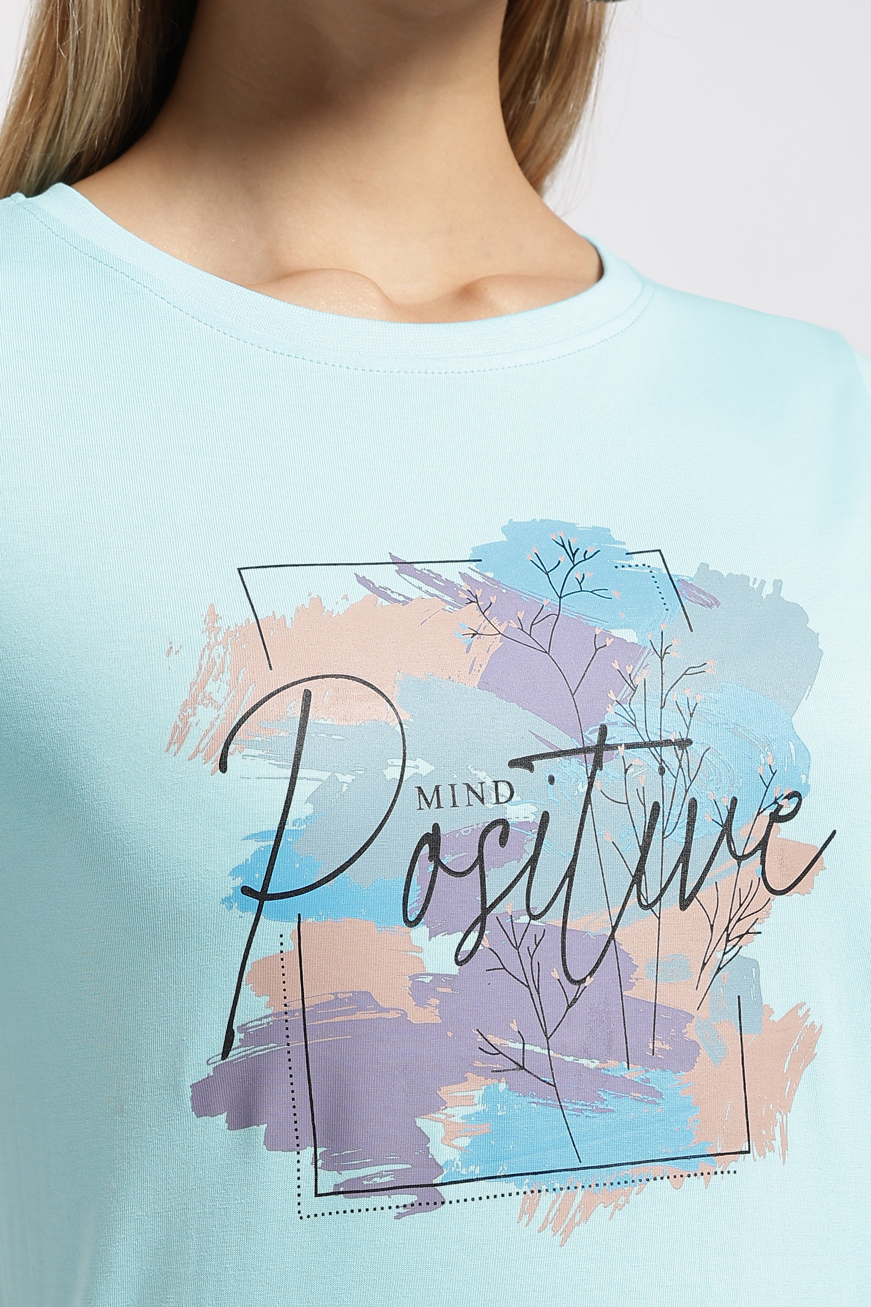 Womens Regular Fit Cotton Printed Tshirt - POSITIVE- ICE BLUE