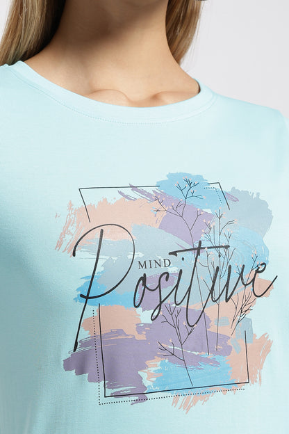Womens Regular Fit Cotton Printed Tshirt - POSITIVE- ICE BLUE