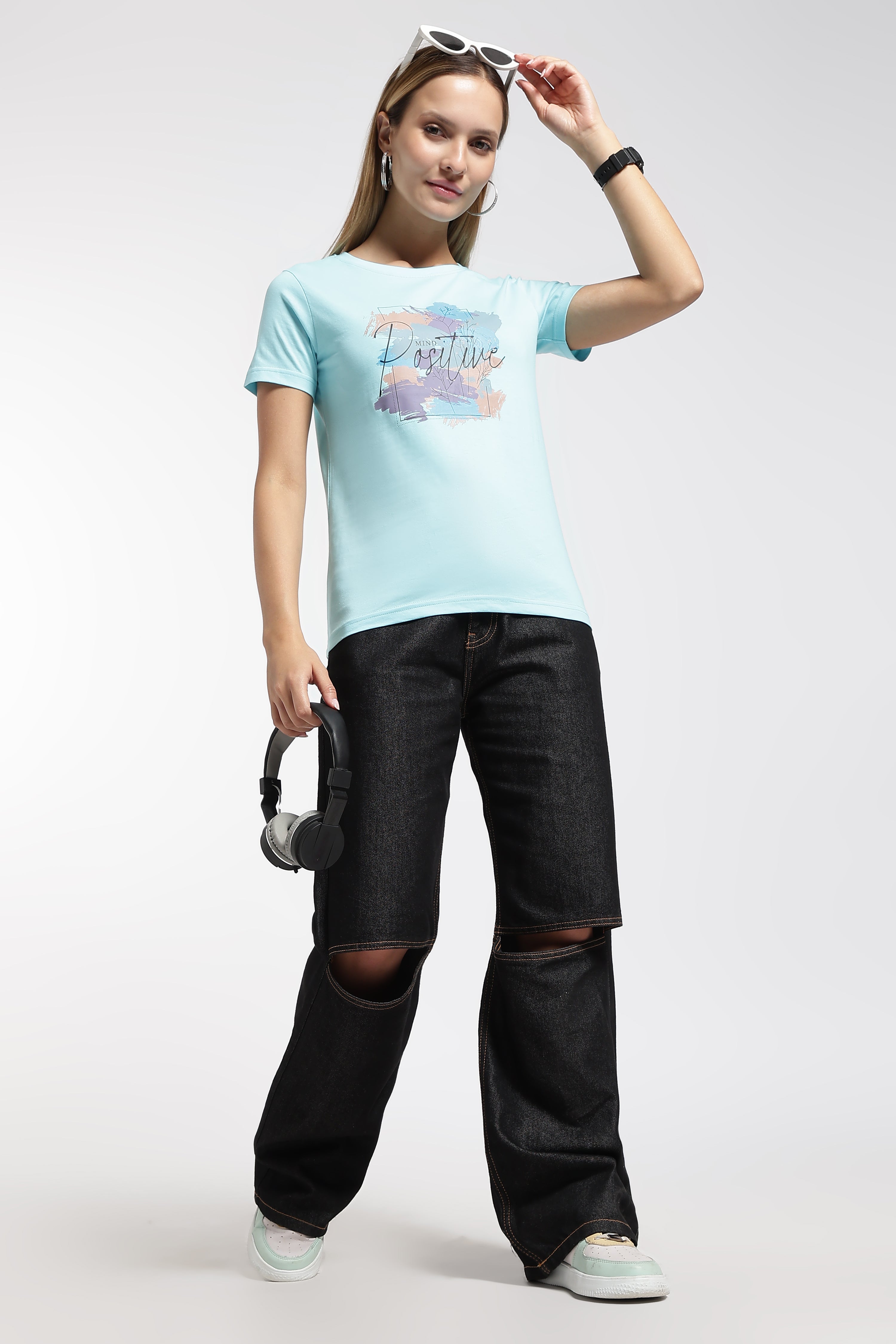 Womens Regular Fit Cotton Printed Tshirt - POSITIVE- ICE BLUE
