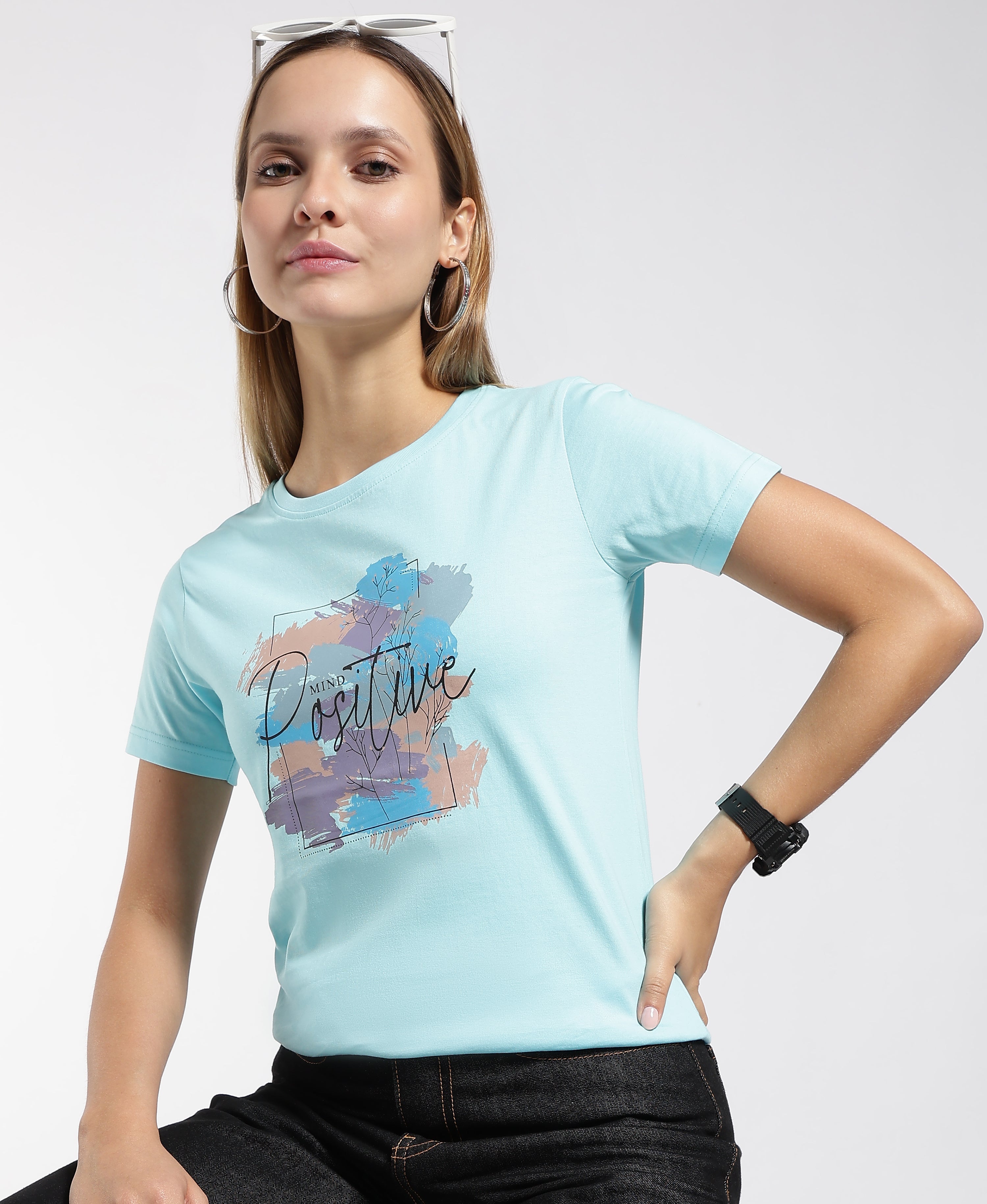 Womens Regular Fit Cotton Printed Tshirt - POSITIVE- ICE BLUE