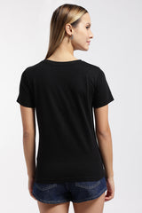 Womens Regular Fit Cotton Printed Tshirt - Dear-BLACK