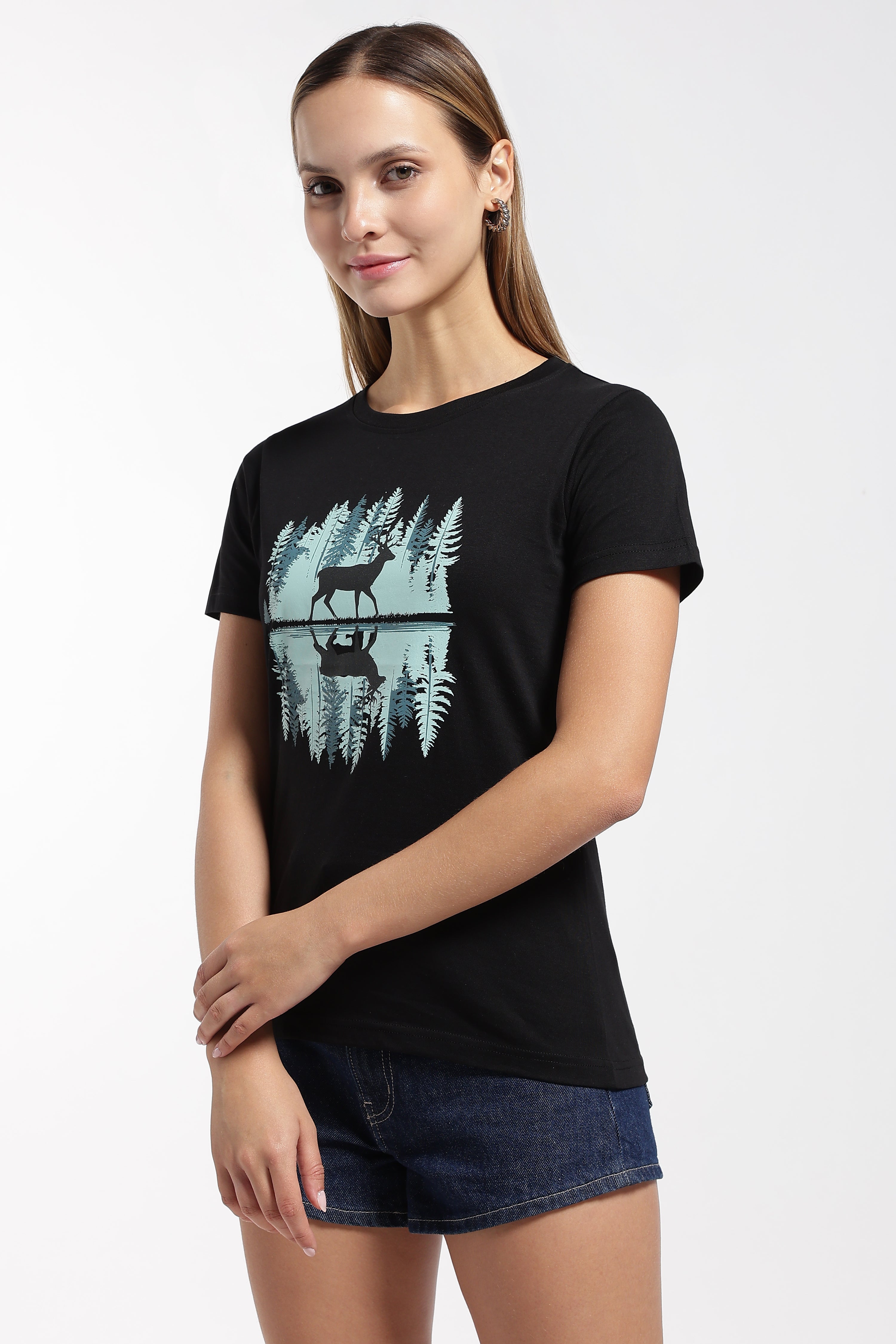 Womens Regular Fit Cotton Printed Tshirt - Dear-BLACK