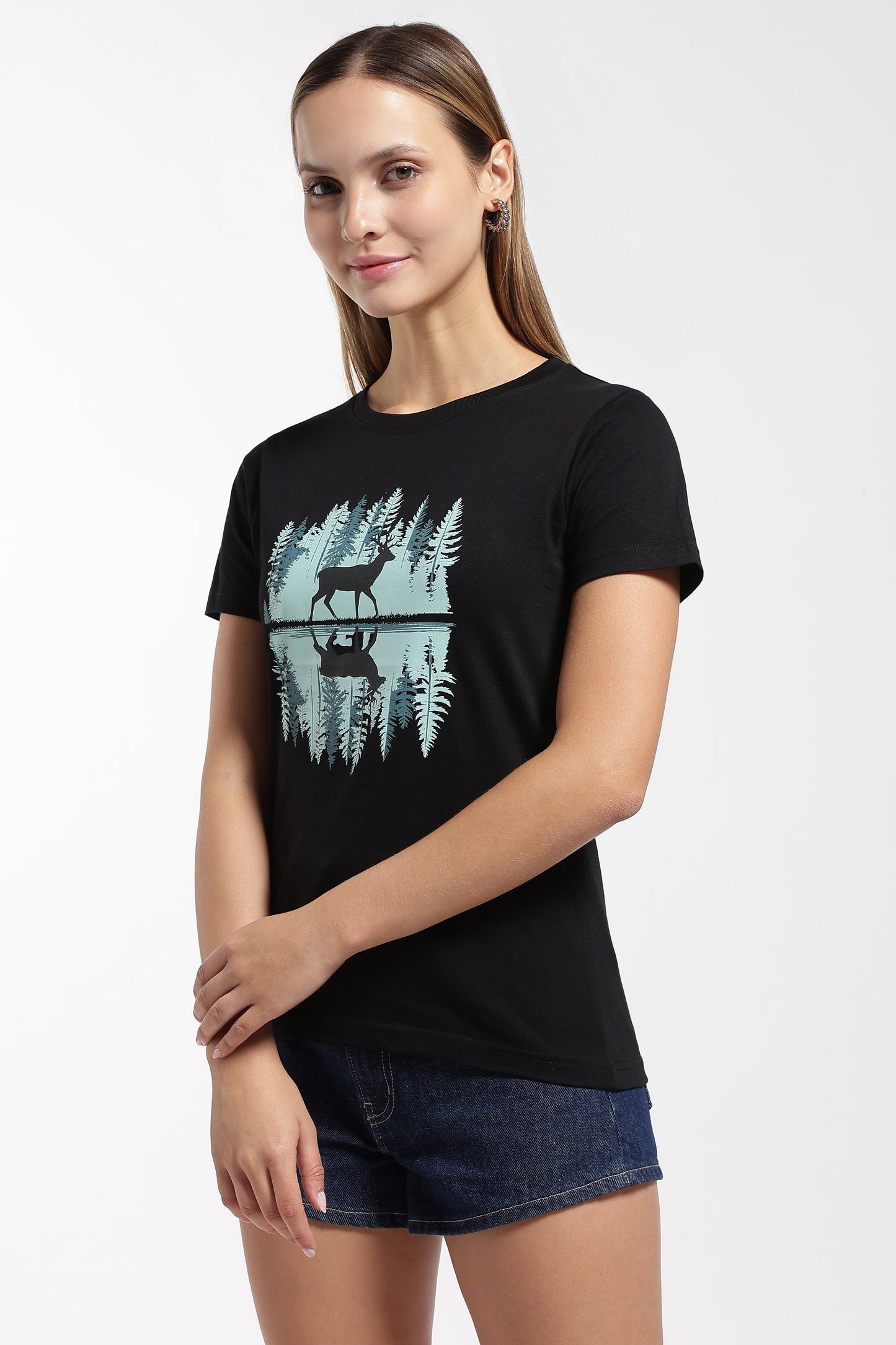 Womens Regular Fit Cotton Printed Tshirt - Dear-BLACK
