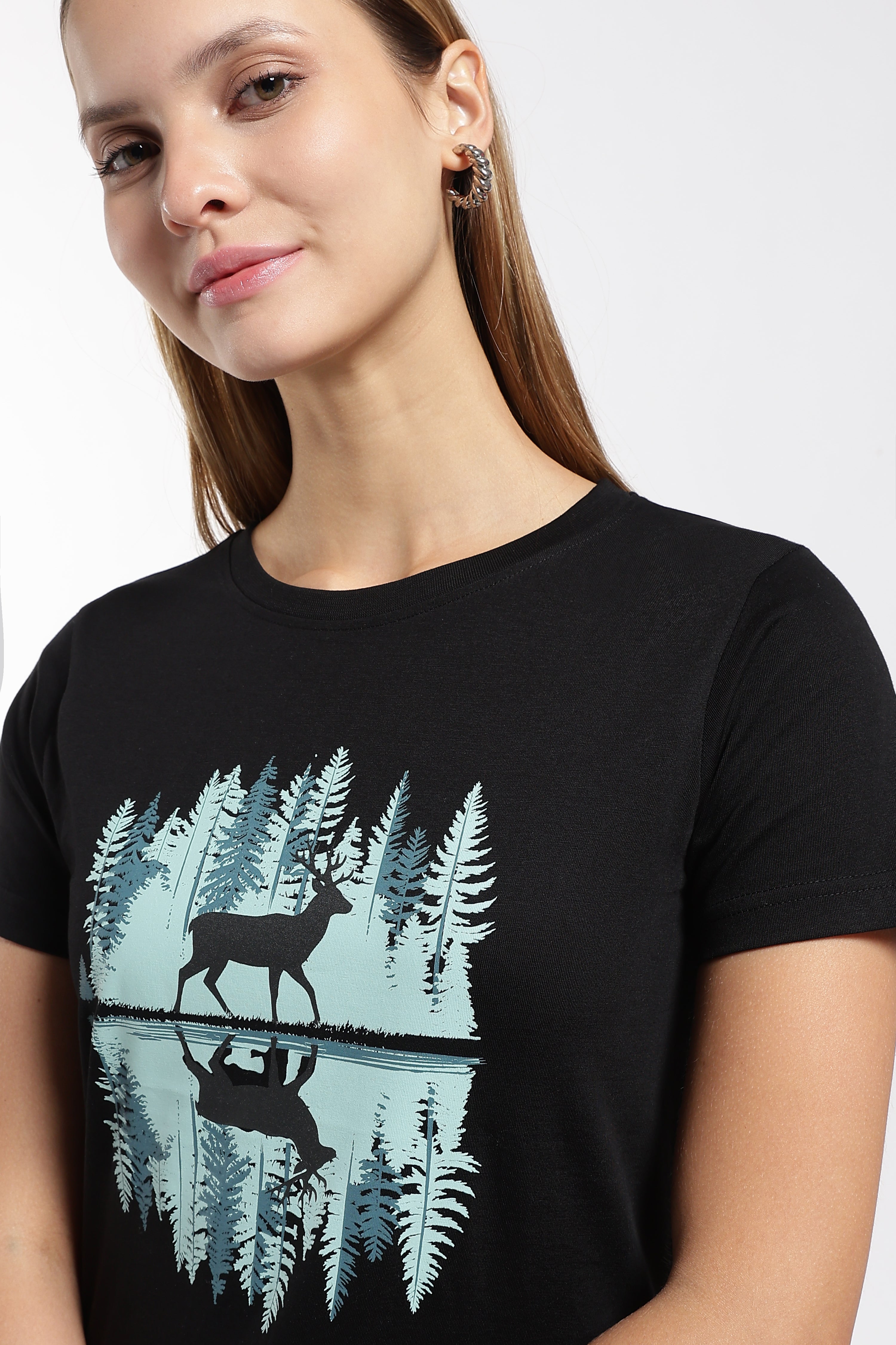 Womens Regular Fit Cotton Printed Tshirt - Dear-BLACK