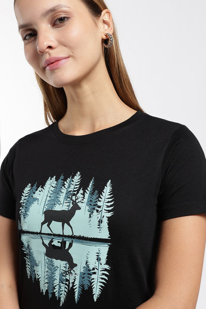 Womens Regular Fit Cotton Printed Tshirt - Dear-BLACK