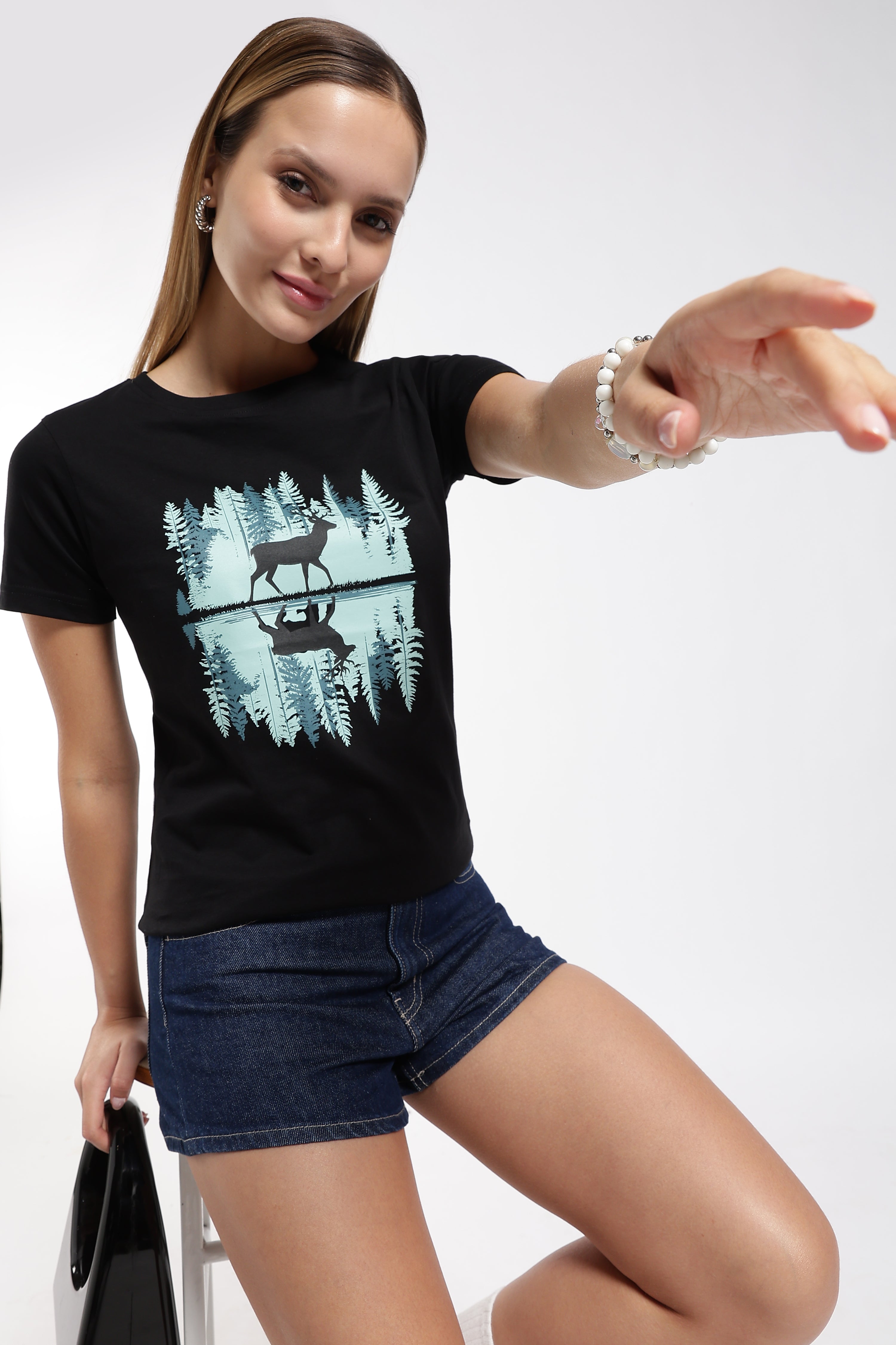 Womens Regular Fit Cotton Printed Tshirt - Dear-BLACK