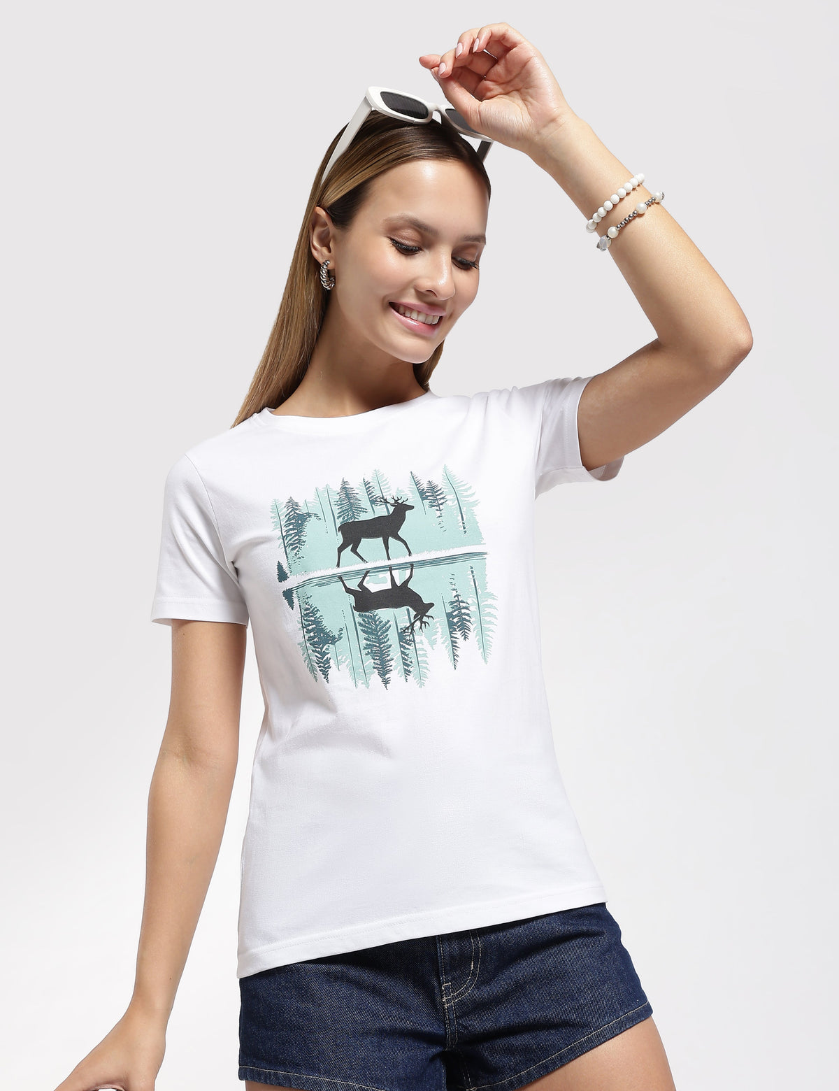 Womens Regular Fit Cotton Printed Tshirt - Dear-WHITE