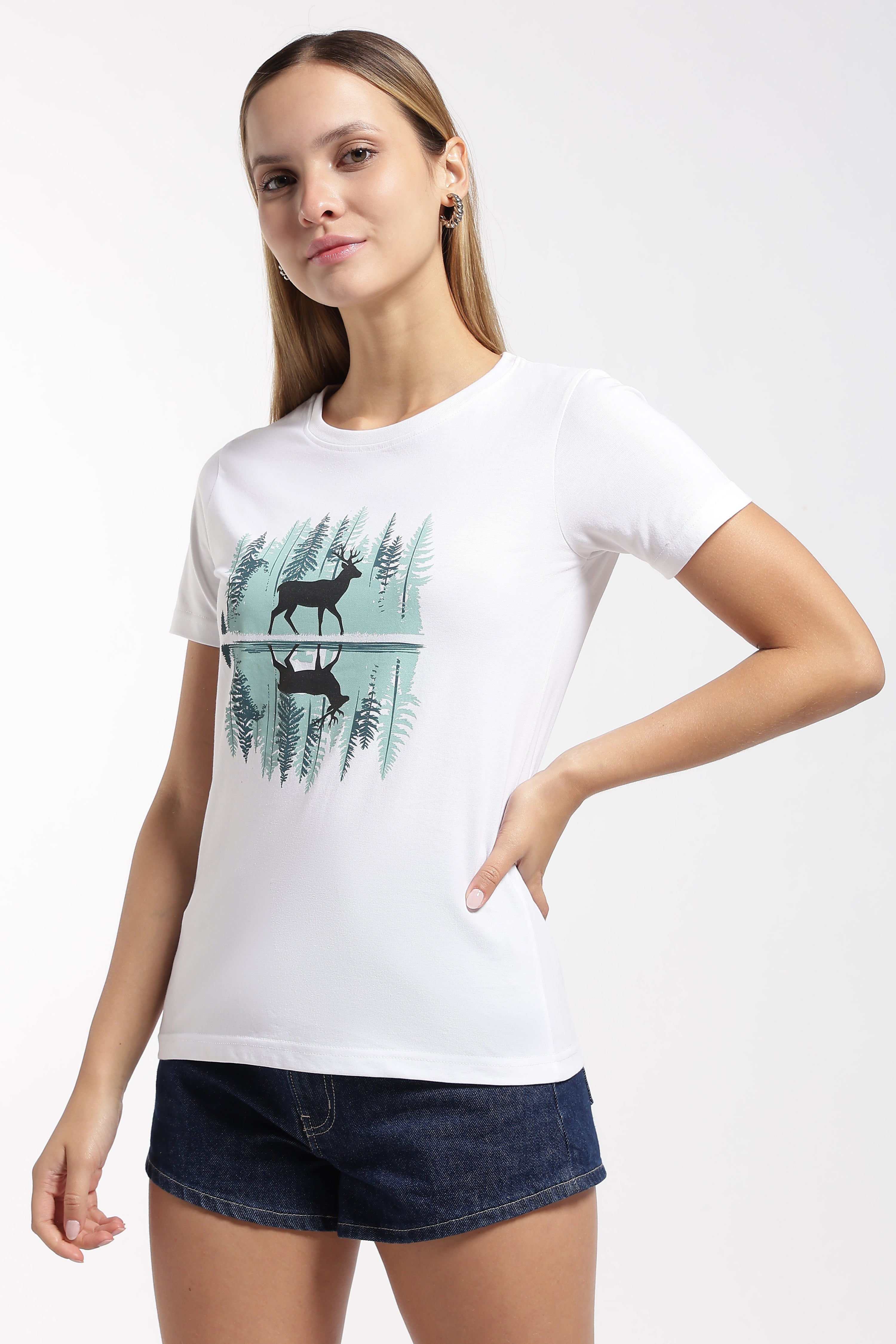 Womens Regular Fit Cotton Printed Tshirt - Dear-WHITE