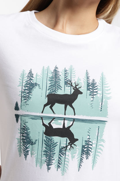 Womens Regular Fit Cotton Printed Tshirt - Dear-WHITE