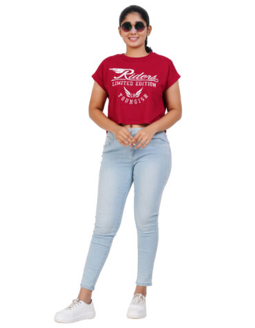 Women's OVERSIZED Crop TOP Cotton Printed T-shirt -YOUNGISH- BURGUNDY