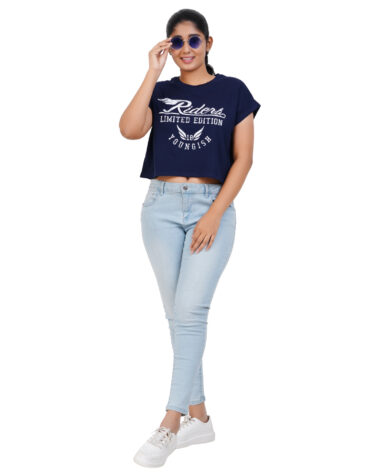 Women's OVERSIZED Crop TOP Cotton Printed T-shirt -YOUNGISH- NAVY