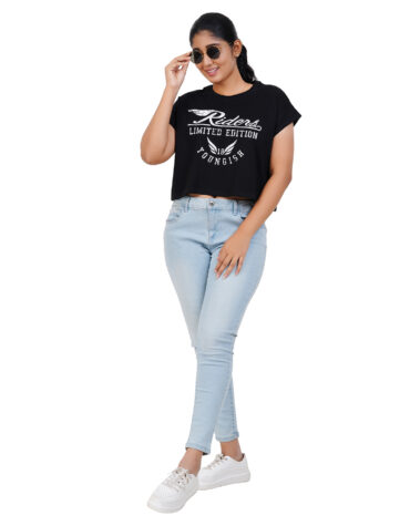 Women's OVERSIZED Crop TOP Cotton Printed T-shirt -YOUNGISH- BLACK