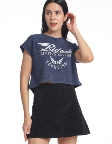 Women's OVERSIZED Crop TOP Cotton Printed T-shirt -YOUNGISH- NAVY OPTIC