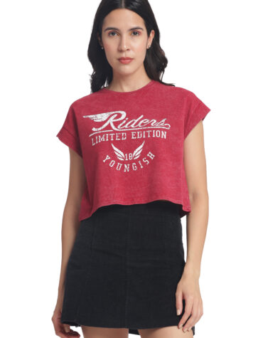 Women's OVERSIZED Crop TOP Cotton Printed T-shirt -YOUNGISH- BURGUNDY OPTIC
