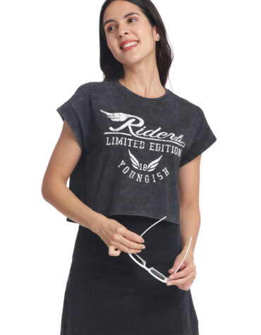 Women's OVERSIZED Crop TOP Cotton Printed T-shirt -YOUNGISH- BLACK OPTIC